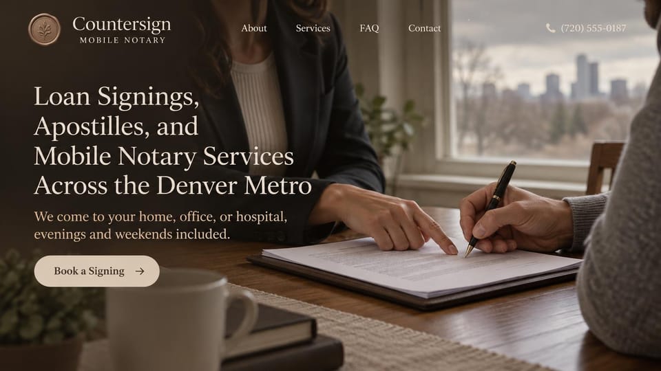 Notary website design, loan signing notary with a close-up of the pen: dark photo of a notary guiding a signer's pen at a table by a window with a city skyline, cream serif headline, cream pill button