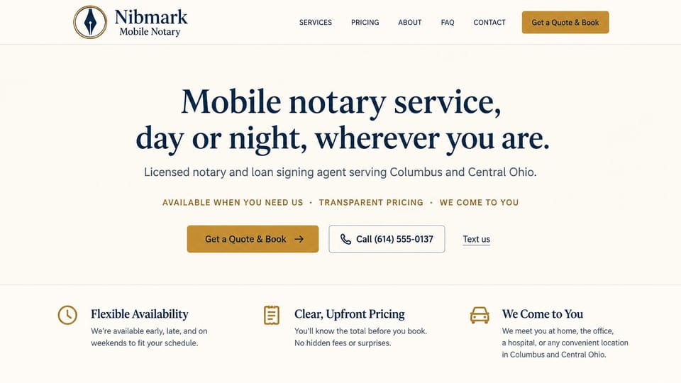 Notary website design, mobile notary with no photo, centered in cream and gold: cream page, a large centered navy serif headline, a gold line of three short promises, a gold quote button, an outlined call button and a text link, three benefits with gold icons