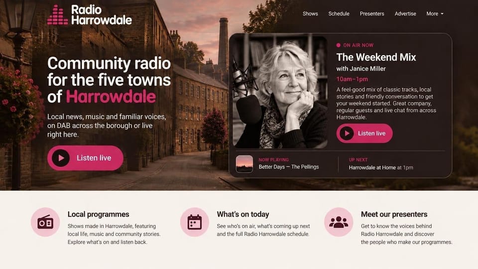 Radio station website design, multi-town community radio with an on-air host card: warm sepia photo of a stone mill-town street at dusk, white and pink headline, pink listen buttons, a dark rounded card with a black and white presenter portrait, and a cream strip of three pink icon links below