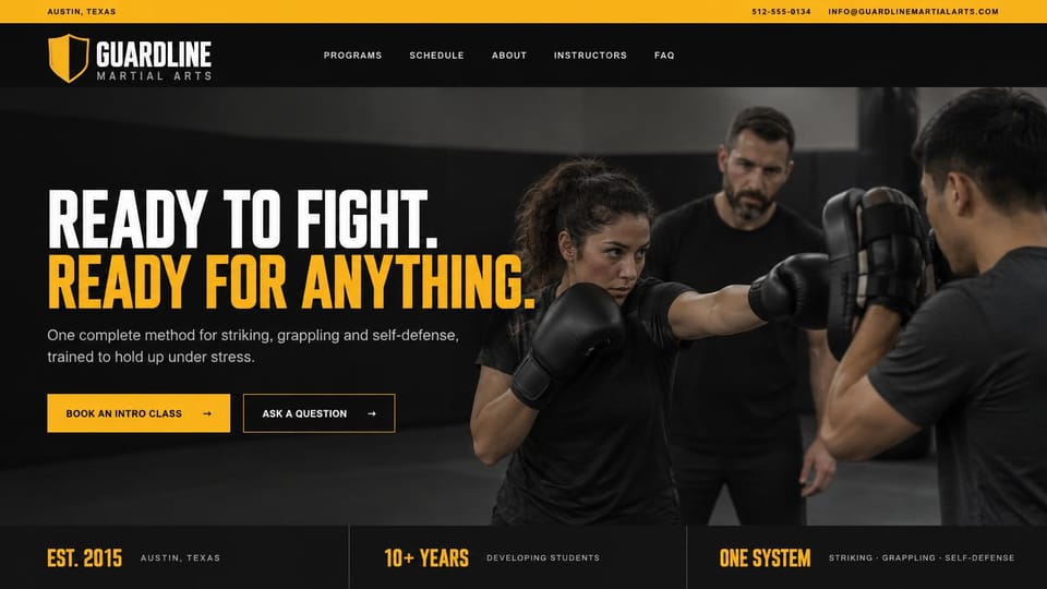 Martial arts website design, striking and grappling gym in black and yellow: black page with bright yellow accents, a condensed white and yellow headline over a photo of a woman boxing with two coaches, a yellow top bar