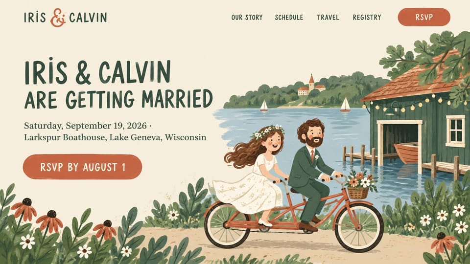 Wedding website design, illustrated couple on a tandem bike: cream page, bold green type and an orange RSVP button beside a painting of a couple on a tandem bike