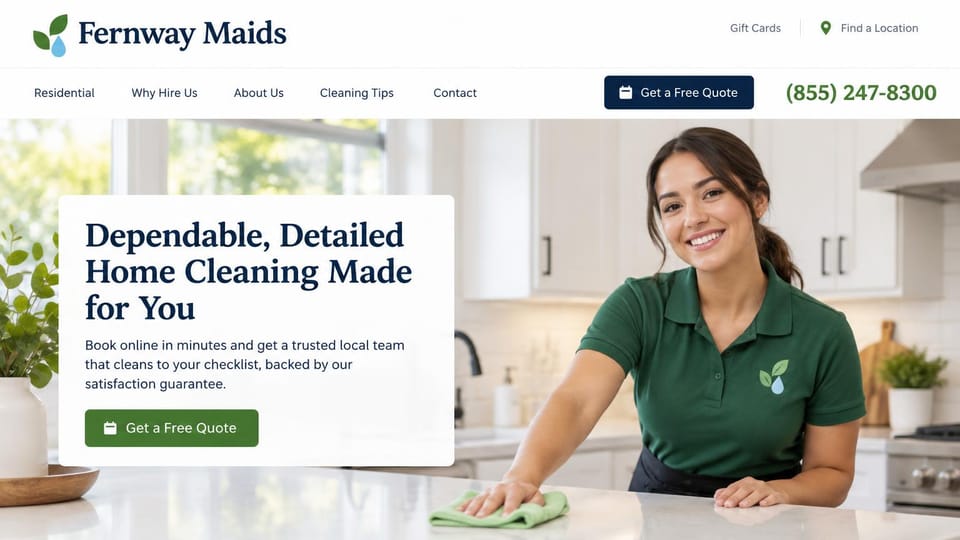 Contractor website design, house cleaning with a friendly face: white header, a navy serif headline on a white card beside a cleaner in green wiping a counter