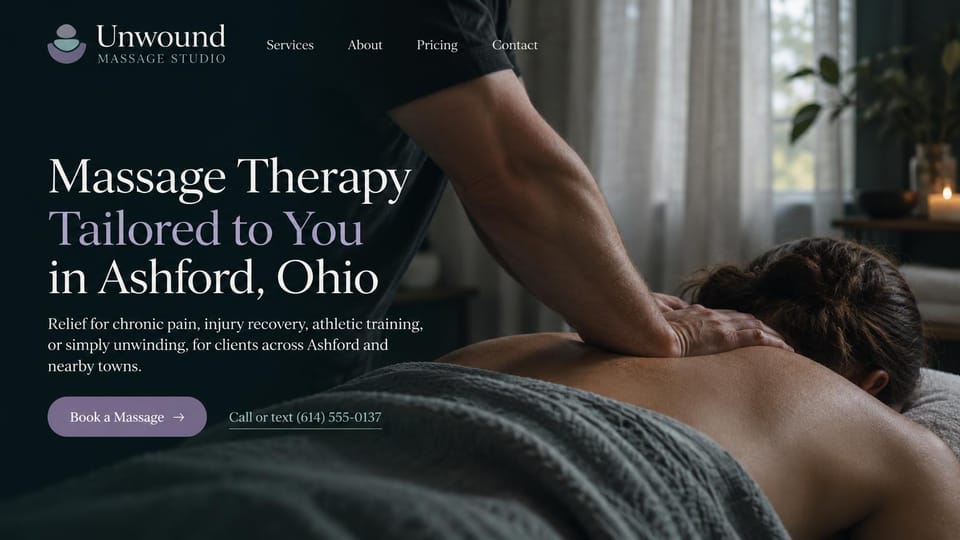 Massage therapist website design, therapeutic massage in dark teal and lavender: dark teal photo of a back massage, a large white serif headline with a lavender line and a lavender button