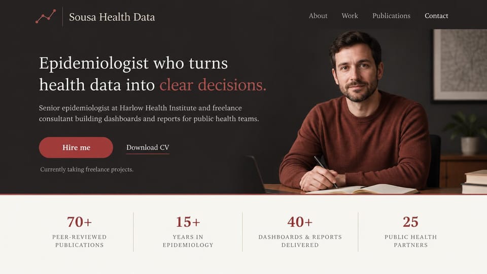 Resume website design, epidemiologist for hire with a stats strip: dark charcoal band, a cream serif headline ending in muted red, a muted red hire me button, a portrait of a bearded man writing at a desk and a light strip of four stats