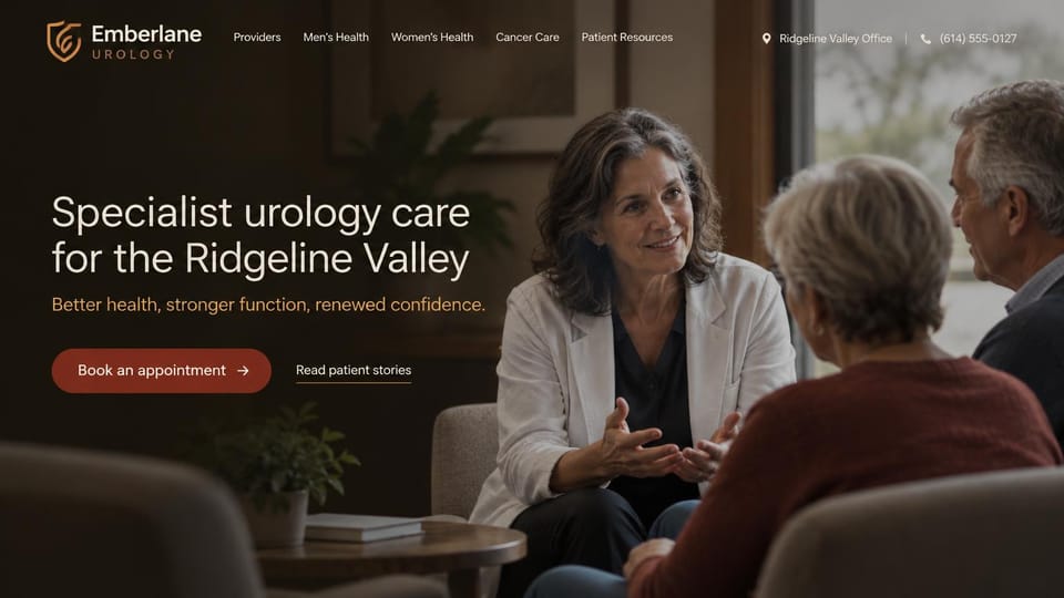 Medical practice website design, urology in a warm, dark room: dark warm photo of a doctor talking with an older couple in armchairs, a cream sans headline and a rust book button
