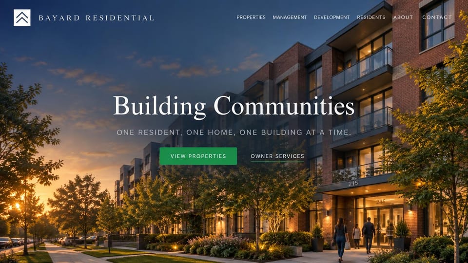 Property management website design, apartment buildings at sunset with a centered headline: full-screen sunset photo of brick and glass apartments with residents walking in, a spaced serif caps logo, a centered white serif headline, a green properties button and an underlined owner services link