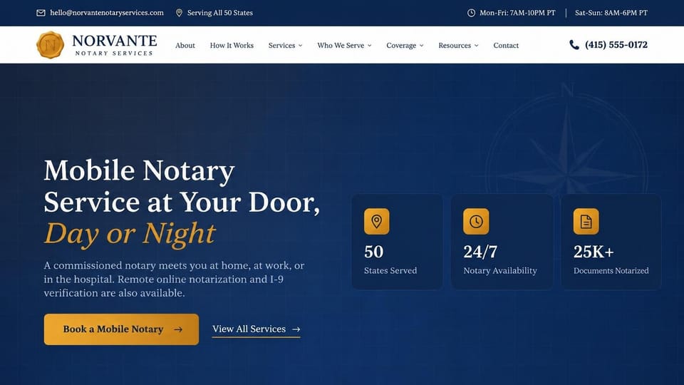 Notary website design, nationwide mobile notary on navy with a compass: navy top bar with email and hours, a white menu, a deep navy hero with a faint compass, a white and gold serif headline, a gold booking button, three navy figure cards with gold icons