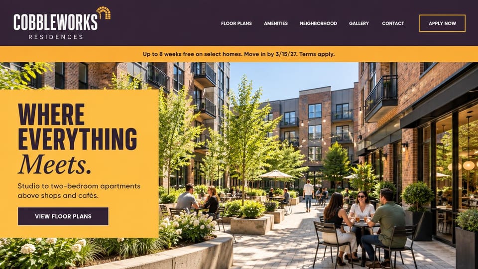 Apartment website design, apartments over shops in bold yellow: dark plum header, a yellow offer strip, a yellow card with a heavy condensed headline and an italic last word over a sunny café courtyard