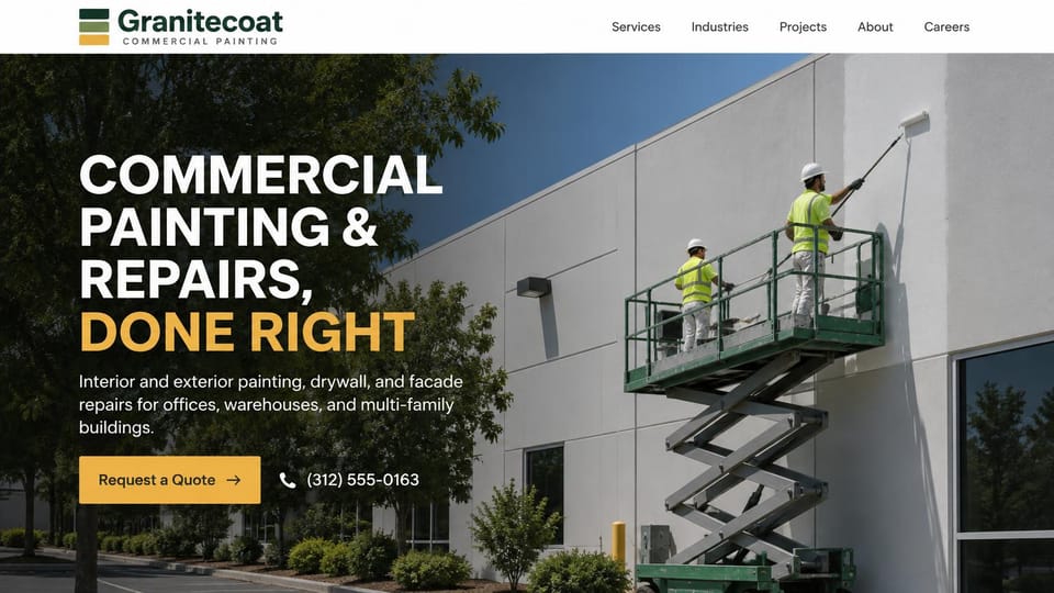Painting website design, commercial painting and repairs from a lift: white header, a photo of two painters in hi-vis vests on a green scissor lift rolling a gray building, a white and gold uppercase headline, a gold quote button