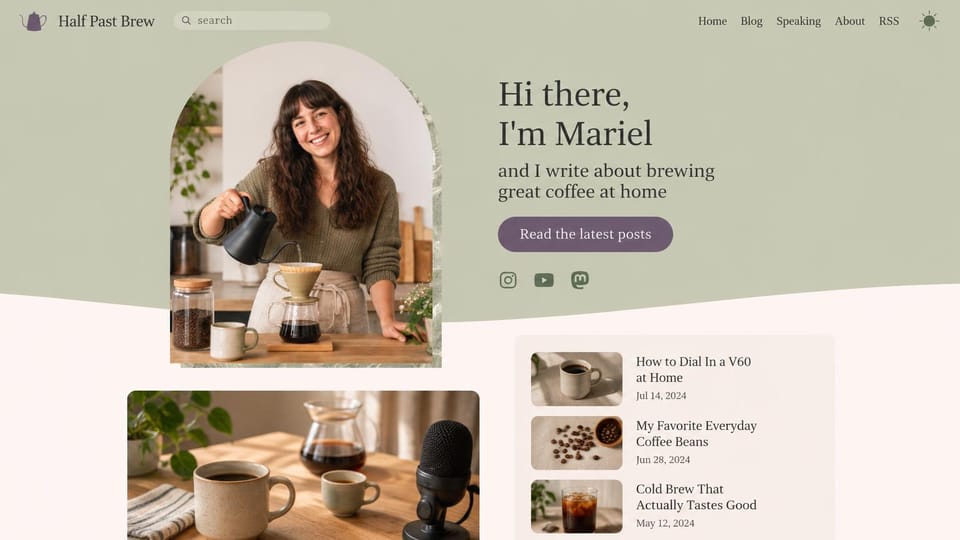 Blog website design, coffee blog with an arched portrait: sage green and cream, a woman pouring coffee in an arch frame, a purple button and a post list