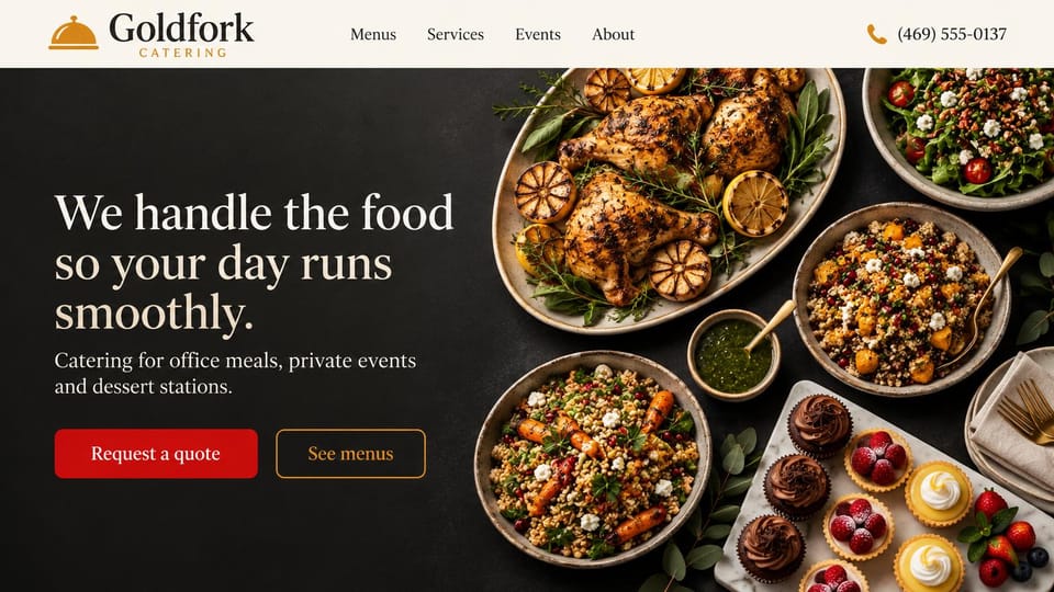Catering website design, office meals and dessert stations on dark slate: cream header, a dark charcoal hero with a white serif headline, a red quote button and overhead platters of roast chicken, grain salads and cupcakes