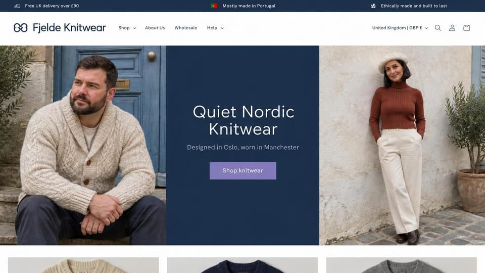 Fashion website design, nordic knitwear with a navy panel between two photos: navy top bar, white header with a looped logo, a bearded man in a cream cable cardigan on a stone step, a navy center panel with a white headline and a lavender button, a woman in a rust turtleneck and cream trousers against a plaster wall