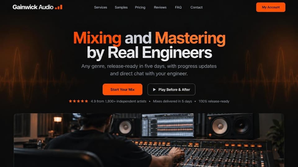 Recording studio website design, online mix service with before and after: black page with an orange glow, orange and white headline, orange and outlined buttons, a star rating line and a console photo below