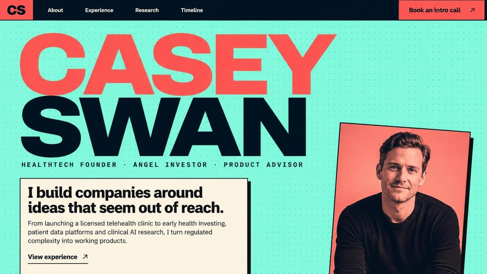 Resume website design, healthtech founder and investor in coral and mint: mint dotted page, a huge coral and navy name, a cream panel with a black serif headline, a coral-tinted portrait of a smiling man and a navy menu bar with a coral call button