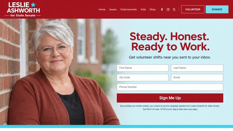 Political campaign website design, state senate with volunteer shifts first: red header with a white and sky blue name logo, a gray-haired woman by a brick wall, a pale blue panel with a red headline and signup form