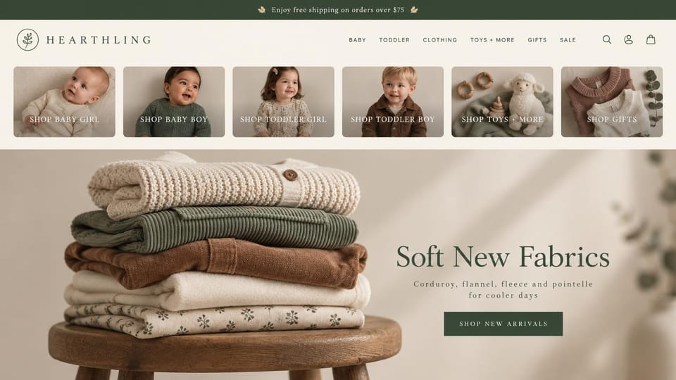 Fashion website design, baby and toddler clothes with photo tiles up top: dark green top bar, cream header with a leaf logo and spaced capitals, six photo tiles of babies, toddlers, toys and knits, a stack of folded cardigans and cords on a wooden stool, a green serif headline and a dark green button