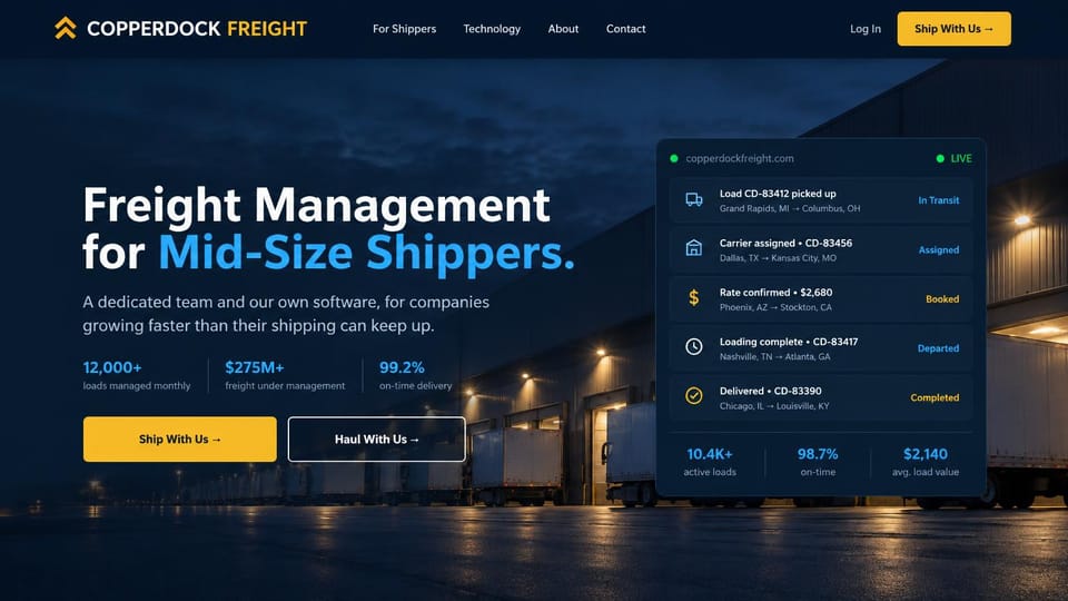 Logistics website design, freight brokerage with a loads dashboard card: dark night photo of trucks at lit docks, white headline with a blue highlight, a yellow ship button and an outlined haul button, a dark dashboard card listing loads