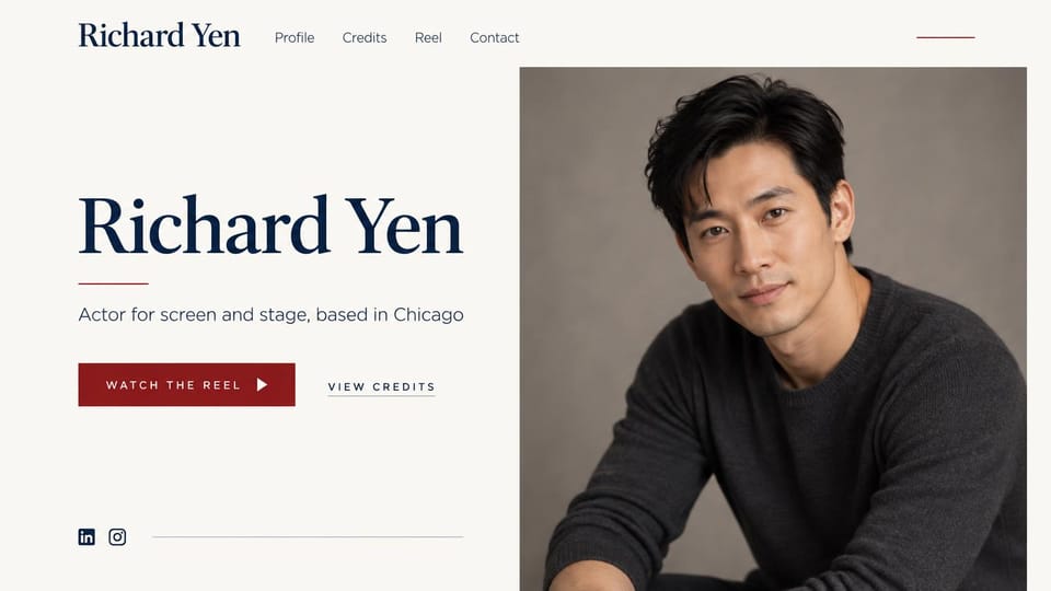 Actor website design, screen and stage actor in ivory and navy: ivory page, a large navy serif name over a short red rule, a deep red reel button and a framed headshot of a dark-haired man in a gray sweater