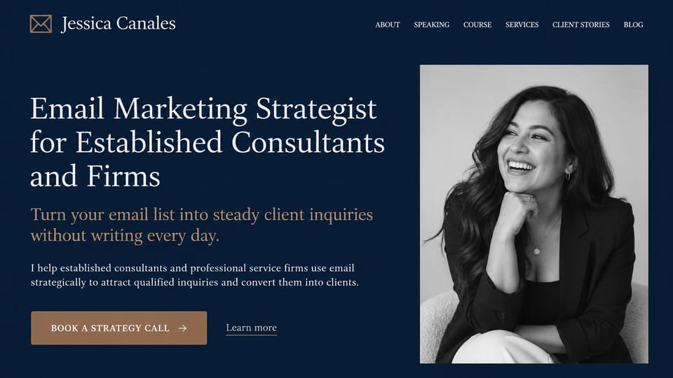 Coaching website design, email marketing consultant in navy and copper: navy page, a white serif headline, a copper subhead and button and a black and white portrait