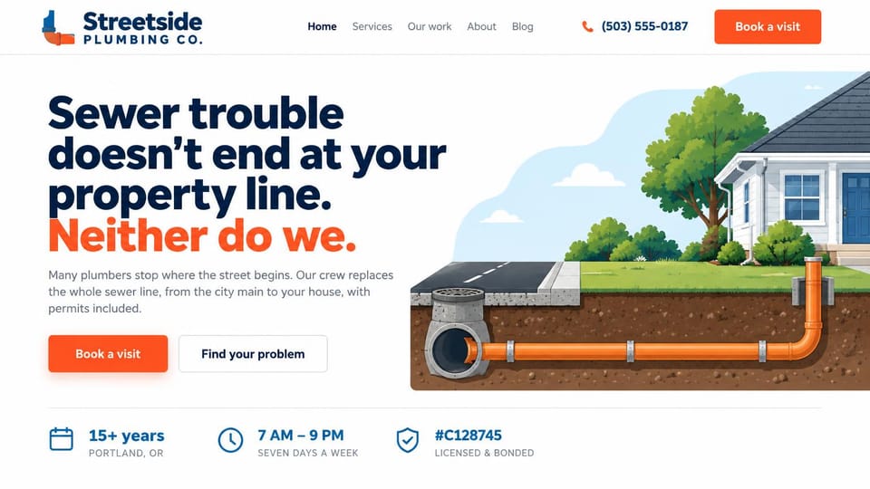 Plumbing website design, sewer line replacement with an illustrated cutaway: white page, heavy navy headline ending in orange, an illustrated cutaway of a new sewer pipe running from the street to a house, orange button