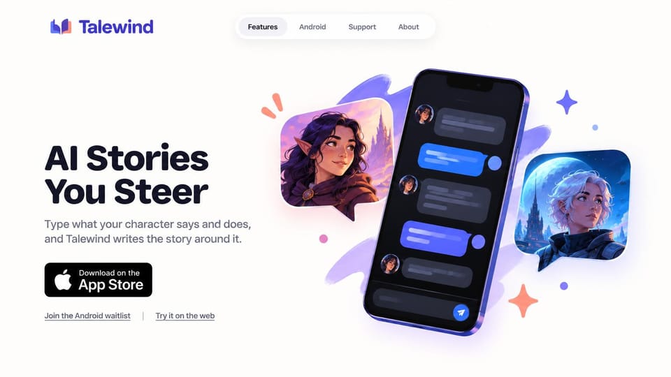 Mobile app website design, story app with fantasy characters: white page, bold black headline, an App Store badge and a phone with fantasy portraits and chat bubbles