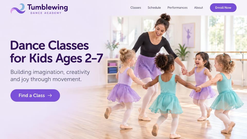 Dance studio website design, toddler and preschool dance in lavender: pale lavender page, a deep purple headline, a teacher dancing hand in hand with toddlers in purple and teal tutus, a purple pill button