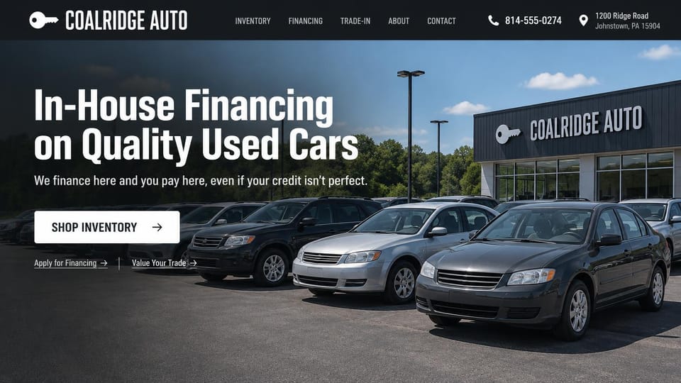Car dealership website design, buy-here-pay-here lot in tall condensed type: black header with a white key logo, phone and address, older sedans and an SUV on a sunny lot in front of a showroom with the dealer's sign, tall condensed white headline and a white shop button