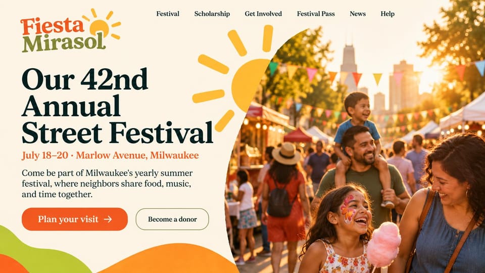 Event website design, annual street festival with a sun graphic: cream page, green serif headline, orange and yellow sun graphic, orange visit button, a father carrying his son and a girl with face paint