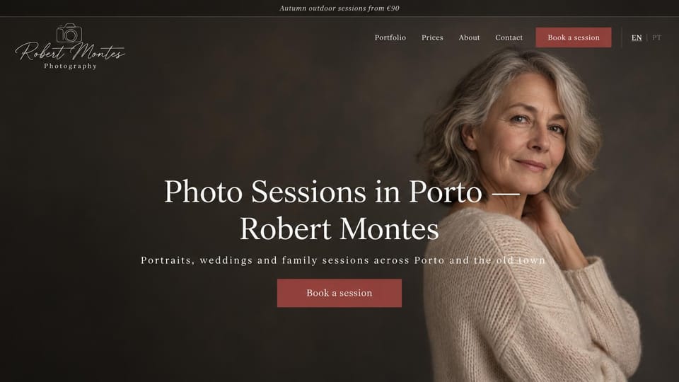 Photography website design, portrait and family sessions with a seasonal offer: dark brown page, a soft portrait of an older woman, a centered serif headline and a muted red book a session button