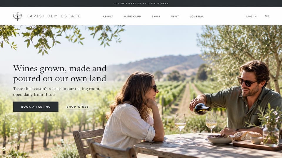 Winery and brewery website design, estate winery with a sunny table among the vines: dark release bar, white header with spaced capitals, sunny photo of a couple at a vineyard table, charcoal serif headline and a black button