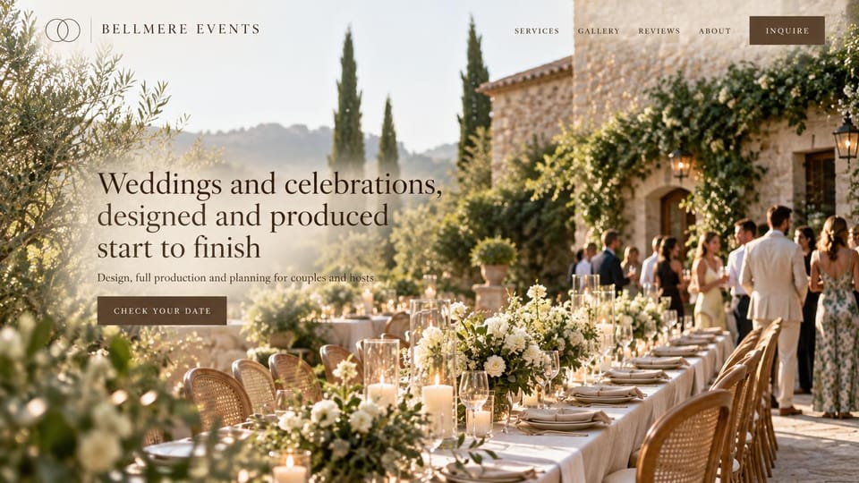 Event planner website design, planning and production in a sunlit courtyard: sunlit stone courtyard with a long table, cypress trees and guests, dark serif headline, brown date button