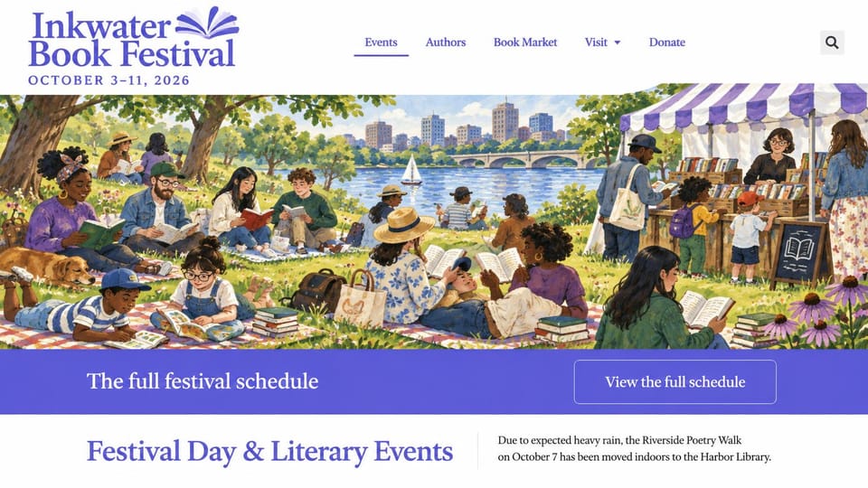 Event website design, book festival with an illustrated park: illustrated readers picnicking in a riverside park beside book stalls, purple logo, purple schedule band