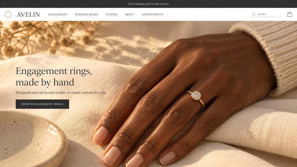 Jewelry website design, bridal studio with a ring on a sunlit hand: white menu under a dark shipping bar, a sunlit hand wearing a gold solitaire on cream linen, a dark serif headline and a black button