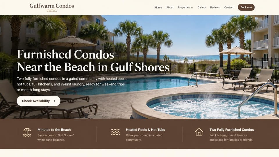 Vacation rental website design, two beach condos with the perks in a band: cream header, palms around a pool and steaming hot tub with the sea beyond, white serif headline and pill button, brown band of three features