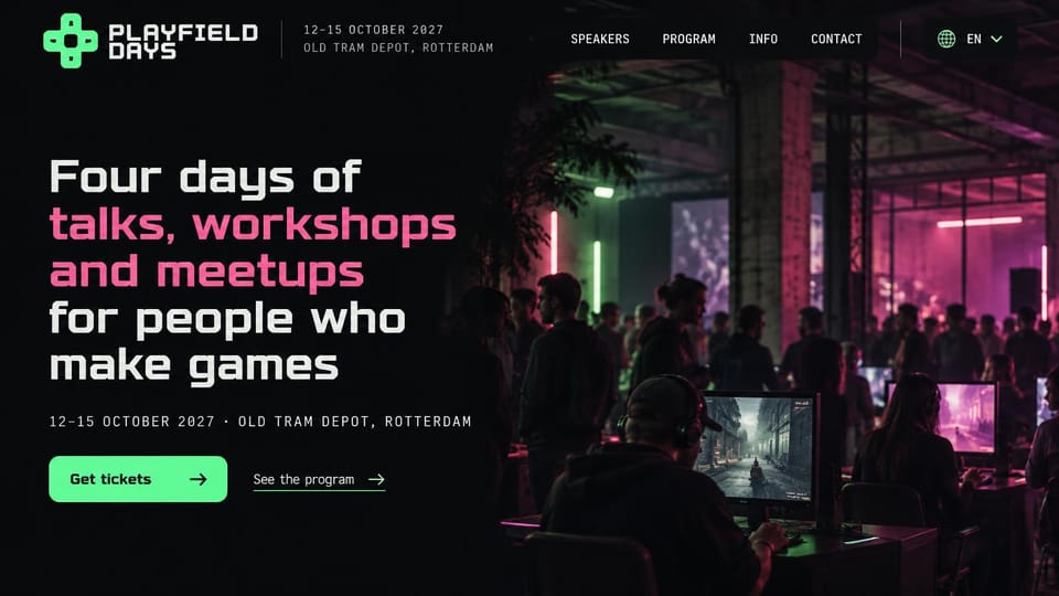 Event website design, game developer days in a neon warehouse: black page, white and pink headline, mint ticket button, neon-lit warehouse full of people playing games at screens
