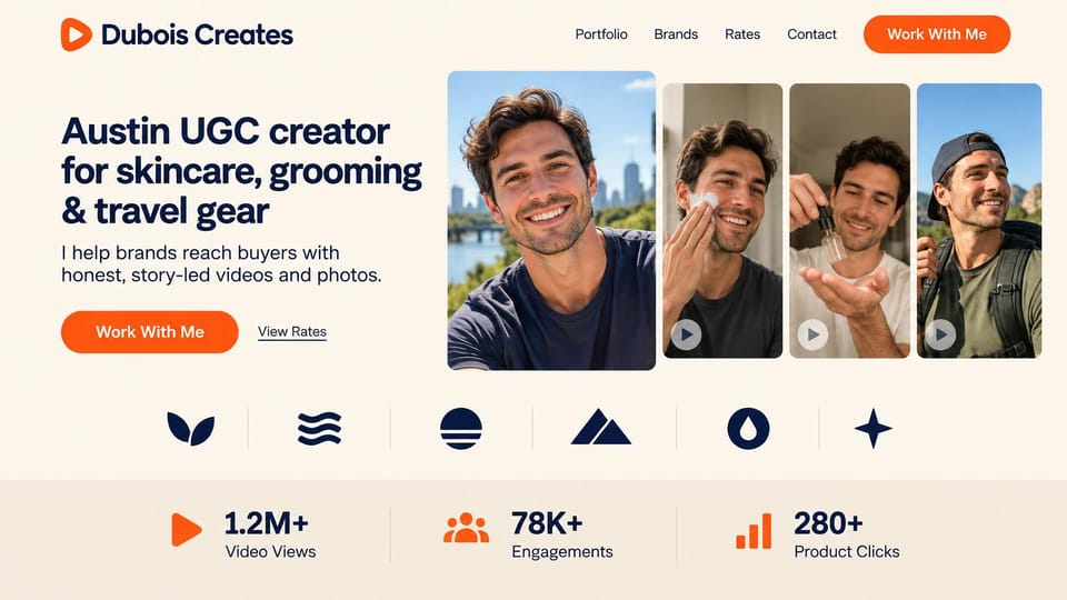 UGC portfolio website design, grooming and travel UGC with clip tiles: cream page, bold navy headline, orange buttons, four photos of a man outdoors and doing skincare, navy symbols and stats below
