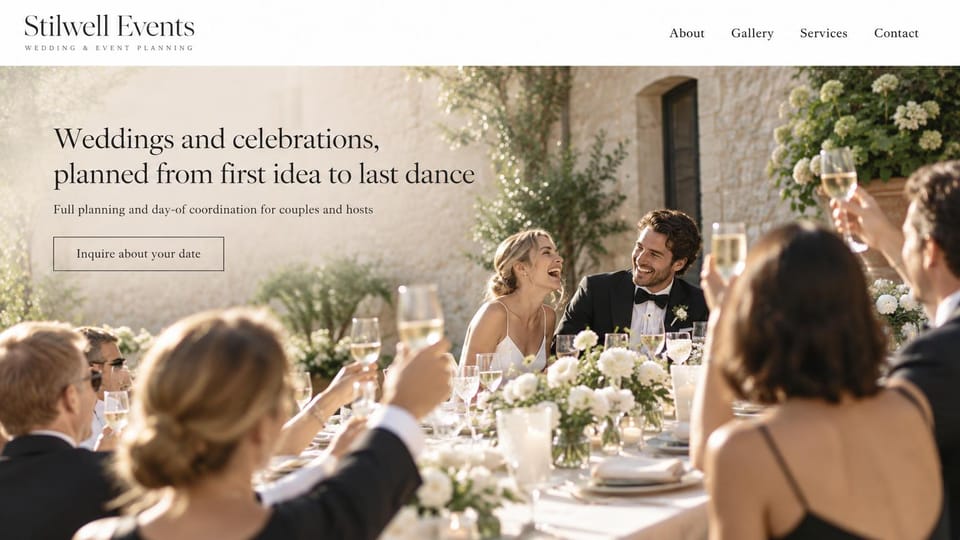 Event planner website design, wedding and event coordinator with a garden toast: bright courtyard reception with a couple laughing and guests raising glasses, dark serif headline, outlined button