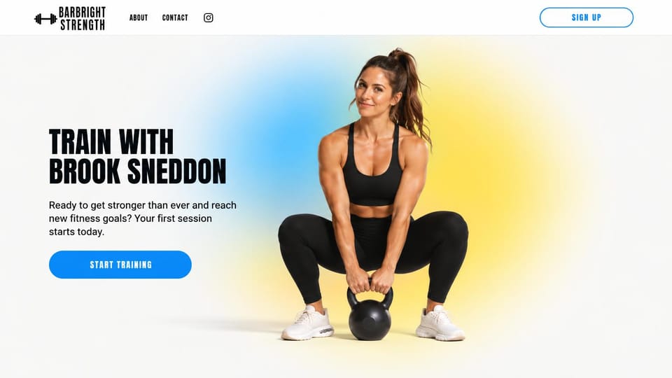 Personal trainer website design, the trainer's name as the whole headline: white page, a giant condensed dark headline, a blue start button, a smiling woman in a deep squat holding a kettlebell against a blue and yellow glow