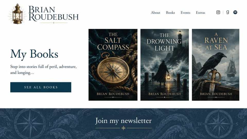Author website design, adventure series with the covers on show: white page, a navy serif name, three dark sea-adventure covers and a navy newsletter band