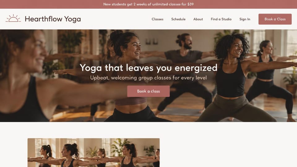 Yoga studio website design, upbeat studio with a new student offer: dusty rose offer bar and buttons, cream header, a smiling class in warrior two under a centered white headline