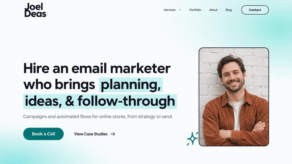 Marketing portfolio website design, email marketer with a highlighted headline: white page with an aqua glow, a bold headline with aqua highlights and a framed portrait of a smiling man