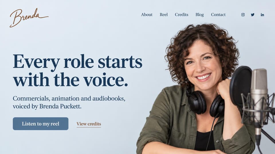 Actor website design, commercial and animation voice actor in soft blue: pale blue page, a script logo, a navy serif headline, a slate reel button and a smiling woman with headphones around her neck beside a microphone
