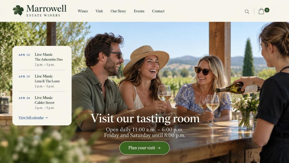 Winery and brewery website design, tasting room with the live music calendar beside it: cream header with a grape leaf mark, three friends laughing as a server pours white wine under a vineyard pergola, a white events card, a white serif headline and a green button