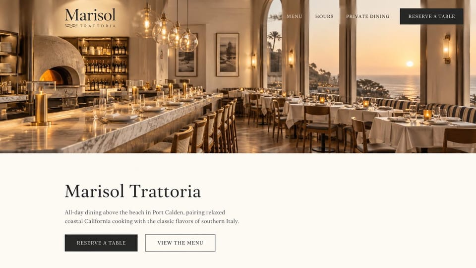 Restaurant website design, coastal trattoria, photo over text: a candlelit seaside dining room at sunset above a cream panel with a serif name and two buttons