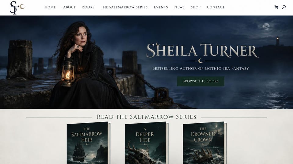 Author website design, gothic series with the reading order: dark blue coastal night with a woman holding a lantern, then three book covers on a pale band