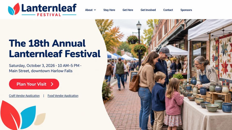 Event website design, fall street festival with vendor applications: white header with a red and blue leaf logo, a cream panel with a navy headline, a red visit button and vendor links, a fall street photo of a family at a pottery and quilt stall