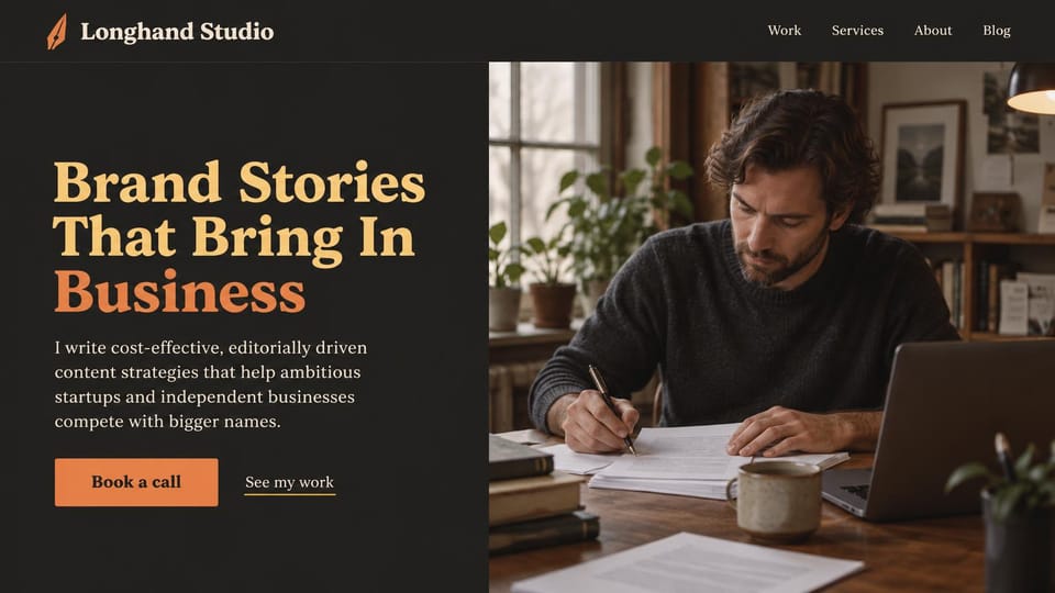 Marketing portfolio website design, brand storytelling in charcoal and amber: charcoal panel with a gold and orange serif headline and an orange button beside a man writing by hand at a wooden desk