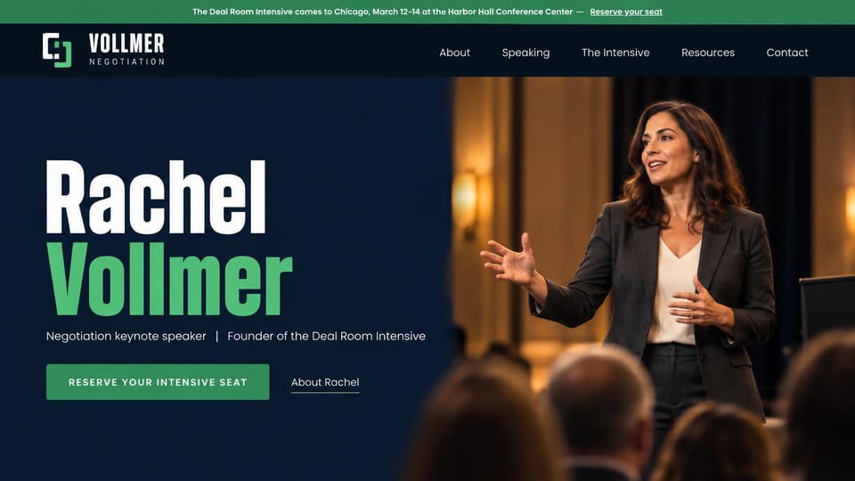 Speaker website design, negotiation speaker with a workshop banner: green announcement bar, navy page with a huge white and green condensed name at left, green seat button, a woman in a dark blazer speaking on a warmly lit stage