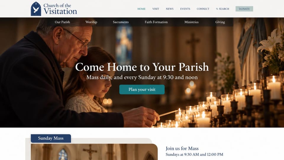Church website design, catholic parish lit by candles: a man lighting votive candles, white serif headline, teal button and a Mass times card below