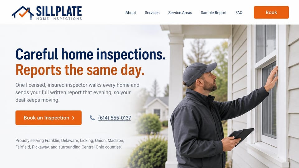 Home inspector website design, solo inspector with same-day reports: white page, navy and orange condensed headline, an orange book button and phone link, an inspector in a cap checking a window frame